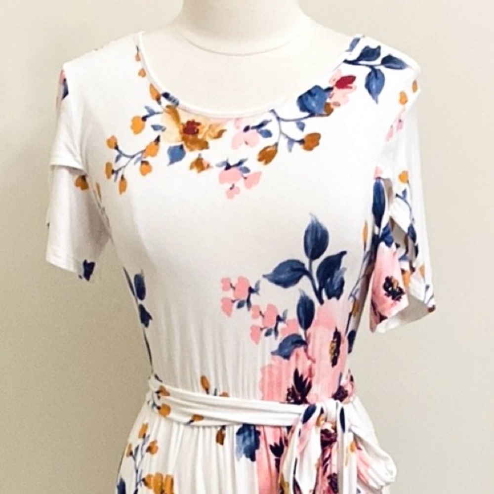 Levaca White Blue Pink Floral SZ S Romantic Boho Chic Coastal Ruffled Dress - Picture 2 of 12